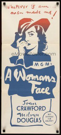 8t985 WOMAN'S FACE Aust daybill R50s silkscreen cool art of Joan Crawford covering face w/hat!