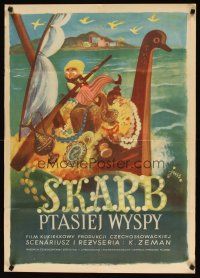 8t102 TREASURE OF BIRD ISLAND Polish 23x33 '53 Zeman, wonderful art of man at sea w/treasure!