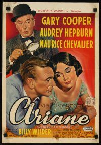 8y128 LOVE IN THE AFTERNOON Belgian '57 art of Gary Cooper, Audrey Hepburn, Maurice Chevalier