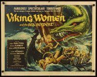 8y906 VIKING WOMEN & THE SEA SERPENT 1/2sh '58 cool art of sexy female warriors attacked on ship!