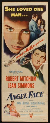 8z043 ANGEL FACE insert '53 Robert Mitchum, pretty heiress Jean Simmons, Otto Preminger, Hughes