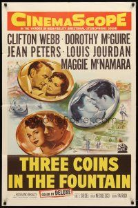 9b009 3 COINS IN THE FOUNTAIN 1sh '54 Clifton Webb, Dorothy McGuire, Jean Peters, Louis Jourdan
