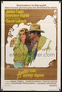 9b053 ANOTHER MAN ANOTHER CHANCE 1sh '77 Claude Lelouch, art of James Caan & Genevieve Bujold!