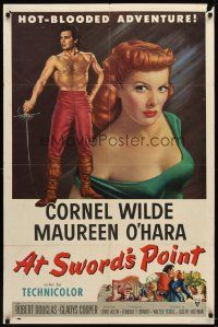 9b059 AT SWORD'S POINT 1sh '52 full-length Cornel Wilde, super close up of sexy Maureen O'Hara!