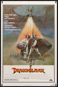 9b269 DRAGONSLAYER 1sh '81 cool Jeff Jones fantasy artwork of Peter MacNicol w/spear & dragon!