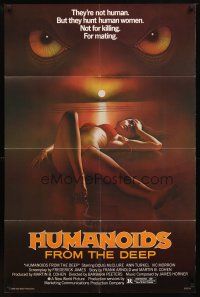 9b428 HUMANOIDS FROM THE DEEP 1sh '80 classic sexy art of eyes looming over sexy girl on beach!