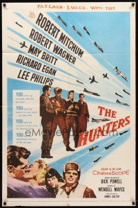9b432 HUNTERS 1sh '58 jet pilot drama, Robert Mitchum & Robert Wagner, May Britt!