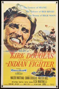 9b443 INDIAN FIGHTER 1sh '55 super close up art of Kirk Douglas, romancing Elsa Martinelli!