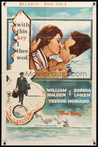 9b477 KEY 1sh '58 Carol Reed, close up kiss art of William Holden & sexy Sophia Loren!