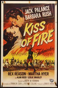 9b488 KISS OF FIRE 1sh '55 romantic art of Jack Palance as El Tigre & sexy Barbara Rush!
