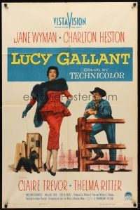 9b540 LUCY GALLANT 1sh '55 full-length image of Jane Wyman walking dog, plus Charlton Heston!