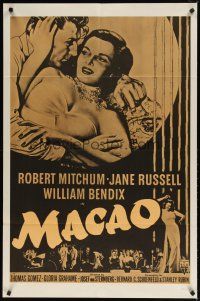 9b543 MACAO military 1sh R60s Josef von Sternberg, best art of Robert Mitchum & sexy Jane Russell!