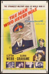 9b560 MAN WHO NEVER WAS 1sh '56 Clifton Webb, Gloria Grahame, strangest military hoax of WWII!