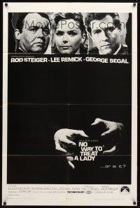 9b642 NO WAY TO TREAT A LADY 1sh '68 Rod Steiger, Lee Remick & Segal, hands about to strangle!