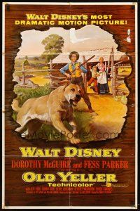 9b654 OLD YELLER 1sh '57 Dorothy McGuire, Fess Parker, art of Walt Disney's most classic canine!