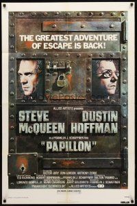 9b676 PAPILLON 1sh R77 different art of prisoners Steve McQueen & Dustin Hoffman!