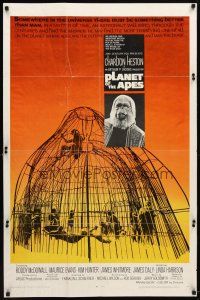 9b698 PLANET OF THE APES 1sh '68 Charlton Heston, classic sci-fi, cool art of caged humans!