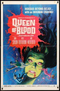 9b723 QUEEN OF BLOOD 1sh '66 Basil Rathbone, cool art of female monster & victims in her web!
