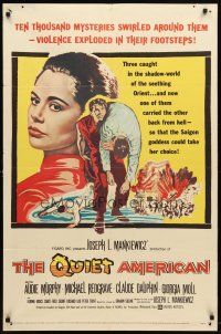 9b724 QUIET AMERICAN 1sh '58 Audie Murphy & Michael Redgrave in Vietnam, from Graham Greene novel!