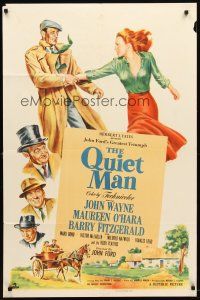 9b725 QUIET MAN 1sh '51 great artwork of John Wayne & Maureen O'Hara, John Ford classic!