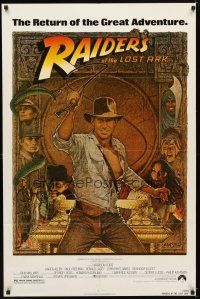 9b728 RAIDERS OF THE LOST ARK 1sh R82 great art of adventurer Harrison Ford by Richard Amsel!