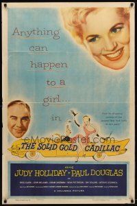 9b819 SOLID GOLD CADILLAC 1sh '56 Hirschfeld art of Judy Holliday & Paul Douglas in car!