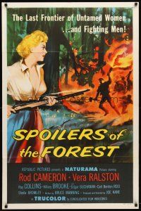 9b827 SPOILERS OF THE FOREST 1sh '57 art of Vera Ralston in the last frontier of untamed women!