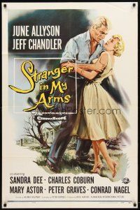 9b848 STRANGER IN MY ARMS 1sh '59 art of Jeff Chandler holding pretty June Allyson!
