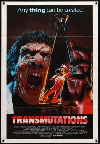 9b917 TRANSMUTATIONS 1sh '86 wild grotesque scientist monster holds girl in beaker!