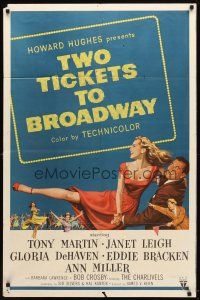 9b925 TWO TICKETS TO BROADWAY 1sh '51 great artwork of Janet Leigh & Tony Martin, Howard Hughes!