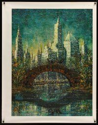 9c368 BRITTINI 35x45 art print '70s wonderful colorful artwork of bridge & city!