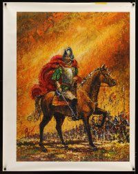 9c369 BRITTINI 35x45 art print '70s wonderful colorful artwork of knight on horseback!
