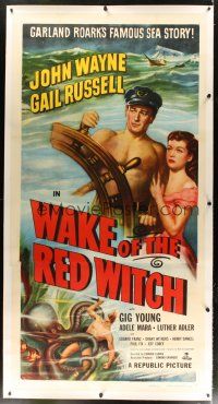 9d039 WAKE OF THE RED WITCH linen 3sh R52 art of John Wayne & Gail Russell at ship's wheel!