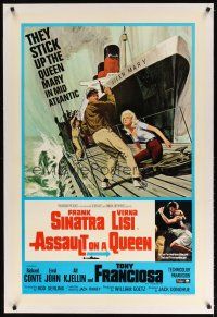 9d201 ASSAULT ON A QUEEN linen 1sh '66 art of Frank Sinatra & sexy Virna Lisi on submarine deck!