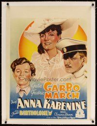 9d146 ANNA KARENINA linen pre-War Belgian '35 art of Greta Garbo, Fredric March & Bartholomew!