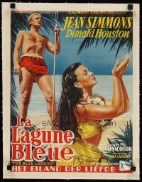 9d162 BLUE LAGOON linen Belgian '49 different art of sexy Jean Simmons & Houston on island!