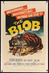 9d210 BLOB linen 1sh '58 Steve McQueen, cool art of the indescribable & indestructible monster!