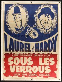 9d019 PARDON US linen French 1p R50s different art of Stan Laurel & Oliver Hardy in chains w/ lock!
