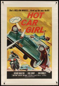 9d275 HOT CAR GIRL linen 1sh '58 she's Hell-on-wheels, fired up for any thrill, classic image!