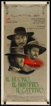 9d114 GOOD, THE BAD & THE UGLY linen Italian locandina '66 art of Eastwood, Van Cleef & Wallach!