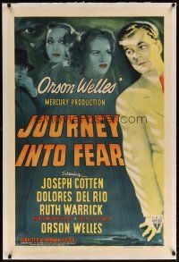 9d285 JOURNEY INTO FEAR linen 1sh '42 art of Orson Welles, Joseph Cotten, Dolores Del Rio & Warrick