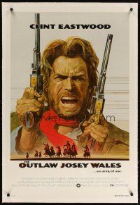 9d326 OUTLAW JOSEY WALES linen 1sh '76 Clint Eastwood is an army of one, cool double-fisted artwork!