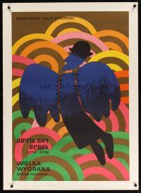 9d075 WIELKA WYGRANA linen stage play Polish 27x38 '70s Sholem Aleichem, colorful art of winged man!