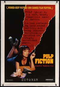 9d334 PULP FICTION linen teaser 1sh '94 Quentin Tarantino, close up of sexy Uma Thurman smoking!