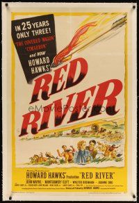 9d341 RED RIVER linen 1sh '48 art of John Wayne, Montgomery Clift & co-stars, Howard Hawks classic!
