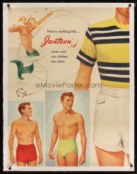 9d056 JANTZEN linen 31x40 advertising poster '50s men's swimwear ad with sexy topless mermaid!