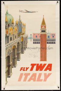 9d054 FLY TWA ITALY linen travel poster '60s Klein art of plane over Piazza San Marco in Venice!