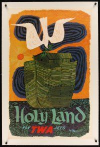 9d055 FLY TWA JETS HOLY LAND linen travel poster 1960s art of dove & Noah's Ark by David Klein!