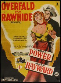 9e235 RAWHIDE Danish '51 different artwork of cowboy Tyrone Power & sexy Susan Hayward!