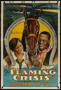 9e069 FLAMING CRISIS 1sh '24 stone litho of black newspaperman-turned-cowboy with his girl & horse